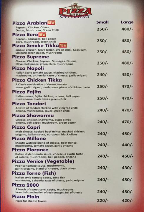 Pizza 2000 Menu Card 1